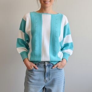 80s Vintage SEARS Teal and White Women's Knit Top 3/4 Length Sleeve Sweater
